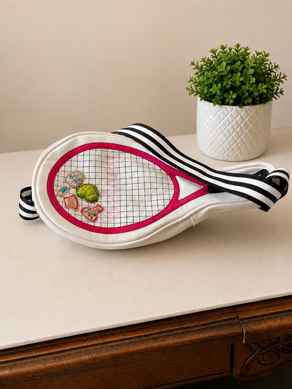Betsey Johnson Tennis Racket Crossbody Bag White Pink Novelty Purse Sporty Chic